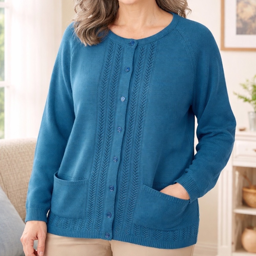 National Brand Button‎ Front Cardigan Sweater Womens 2X Vtg Teal Blue Pointelle